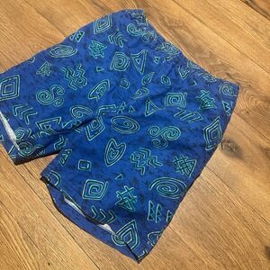 Vintage Unbranded Blue Geometric Abstract Print Swim Trunks Mens Large L